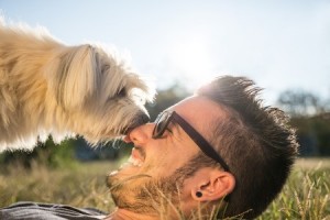 Cool Dog and Young Man Having Fun in a Park